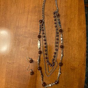 Silver Necklace with Brown Accents and Matching Earrings